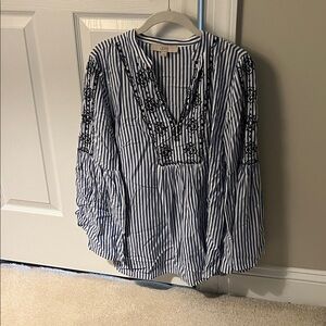LOFT Navy and White Embroidered Blouse